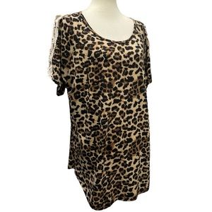 Grace & Emma Southern Grace Lace Crochet Sleeve Top In Leopard size 2X